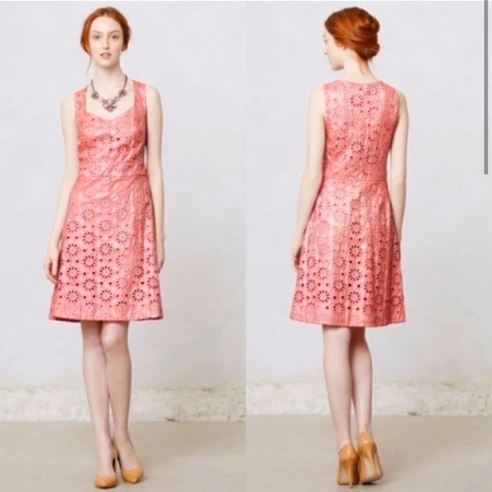 Maeve Coral Shine Dress Womens 0 Pink Daisy Eyelet Metallic Sweetheart Mini